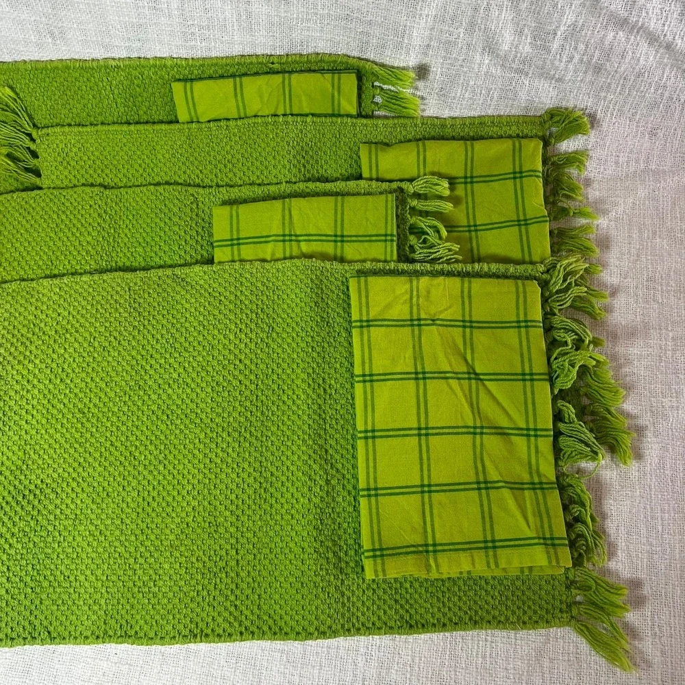 Vintage Pier 1 Imports Placemat Napkin Set Green Fringe Plaid Cotton‎ Farmhouse
